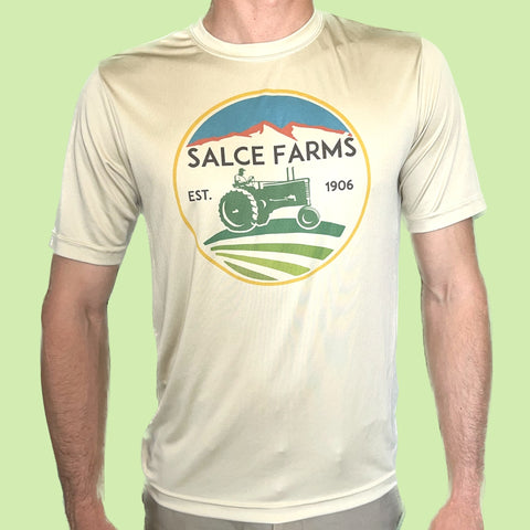 Salce Farms Moisture-Wicking Dry Fit T-Shirt in Tan with "Salce Farms" Logo